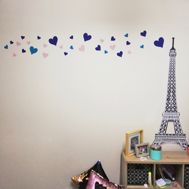 Eiffel Tower wall sticker on a wall with hearts