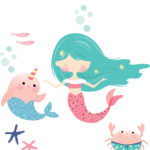 A close-up of one of the mermaids, with two fish, two starfish, a narwhal and a crab as well as 10 bubbles.