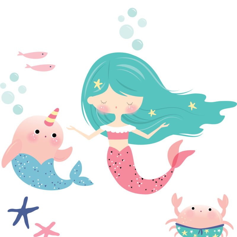 A close-up of one of the mermaids, with two fish, two starfish, a narwhal and a crab as well as 10 bubbles.