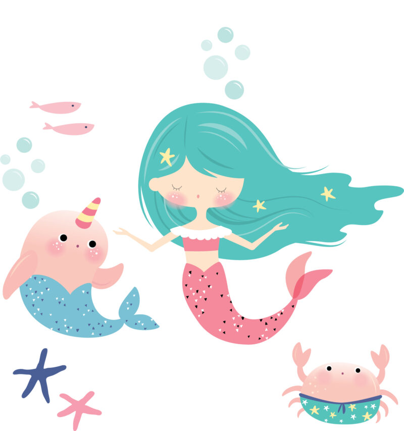 A close-up of one of the mermaids, with two fish, two starfish, a narwhal and a crab as well as 10 bubbles.