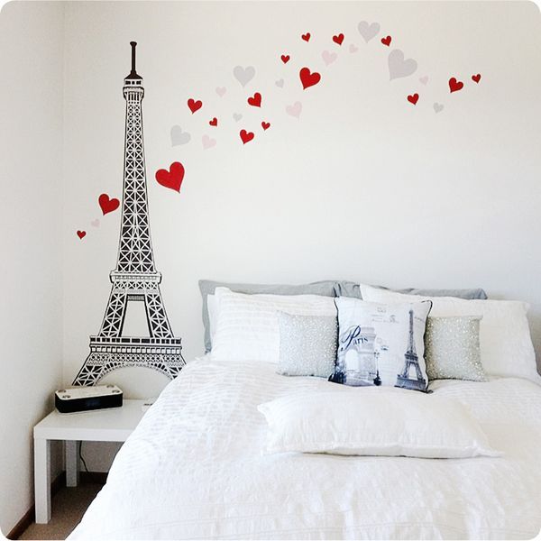 Hearts and Eiffel Tower Removable Wall Stickers on the wall