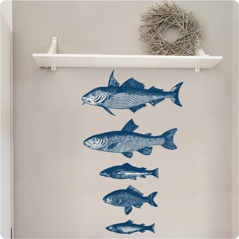 Etched fish Set of removable wall stickers in blue