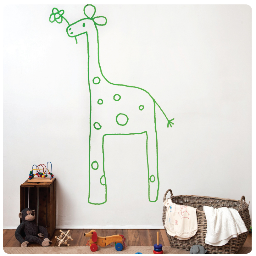 Gemmi The Giraffe Removable Wall Stickers with a basket and toys in front