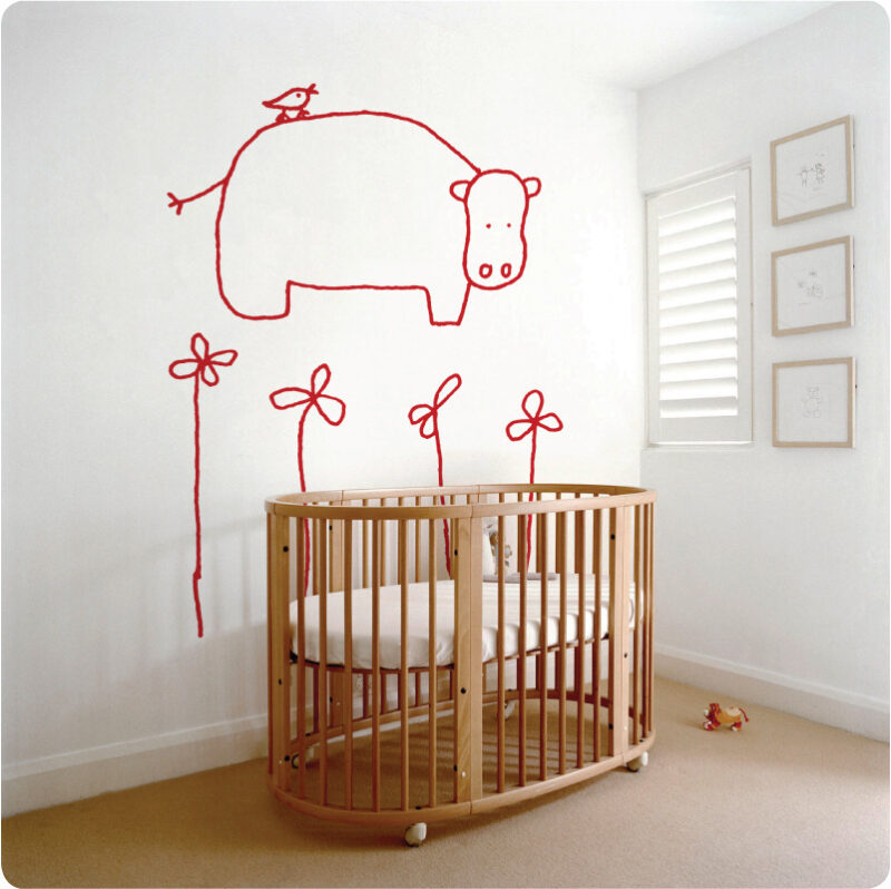 Hada The Hippo Removable Wall Sticker with a crib in front