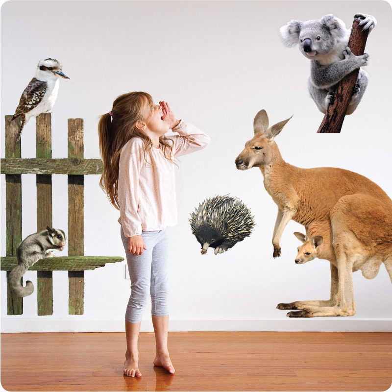 Australian animals removable wall stickers with a little girl yelling in front