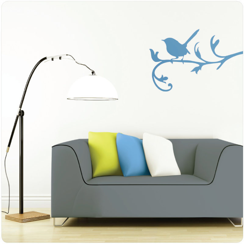 Blue wren removable wall sticker with sofa and floor lamp in front