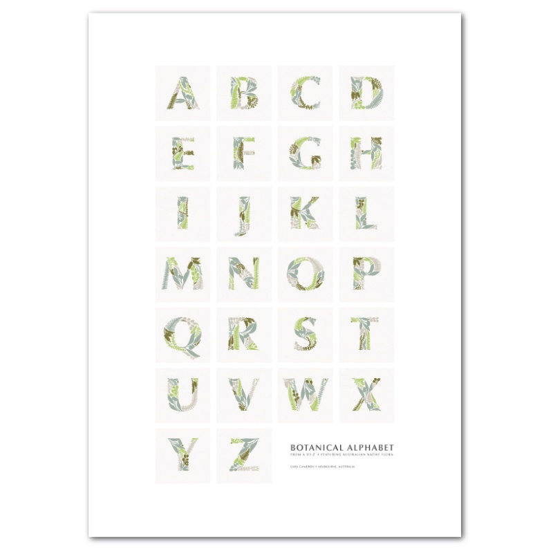 Botanical Alphabet Poster removable wall sticker in greens