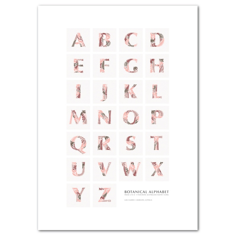 Botanical Alphabet Poster removable wall sticker in pink