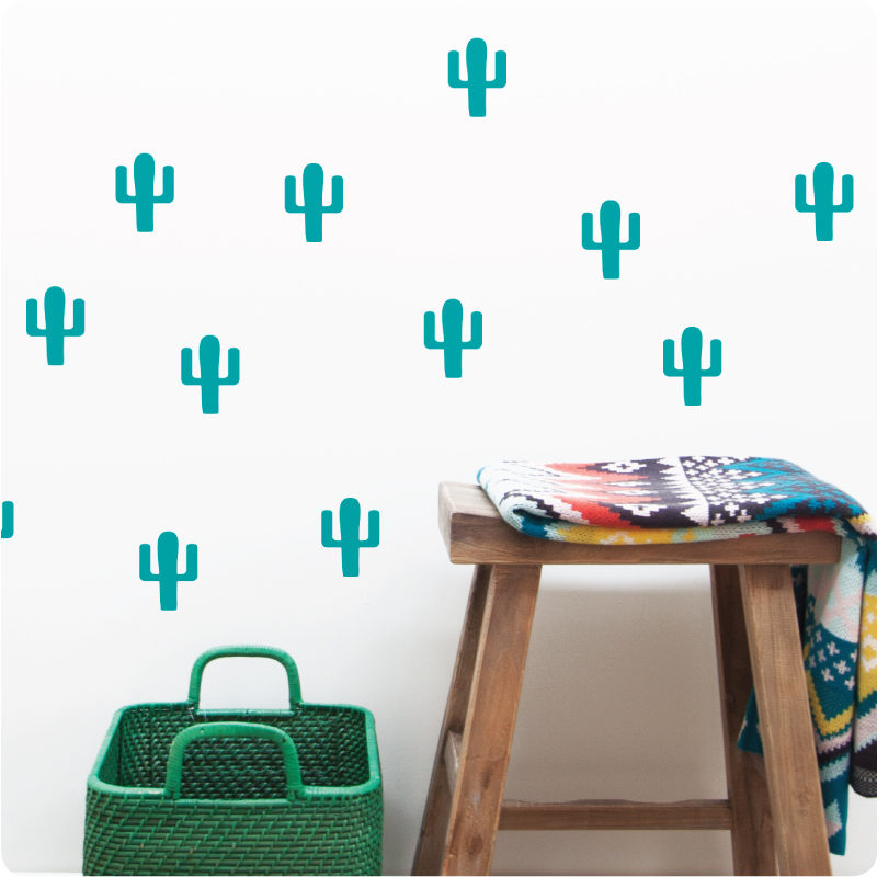 Cactus removable wall stickers with basket and wooden chair in front