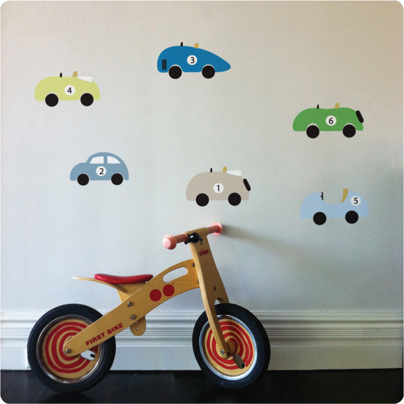 Cars removable wall stickers for boys rooms with wooden bike in front
