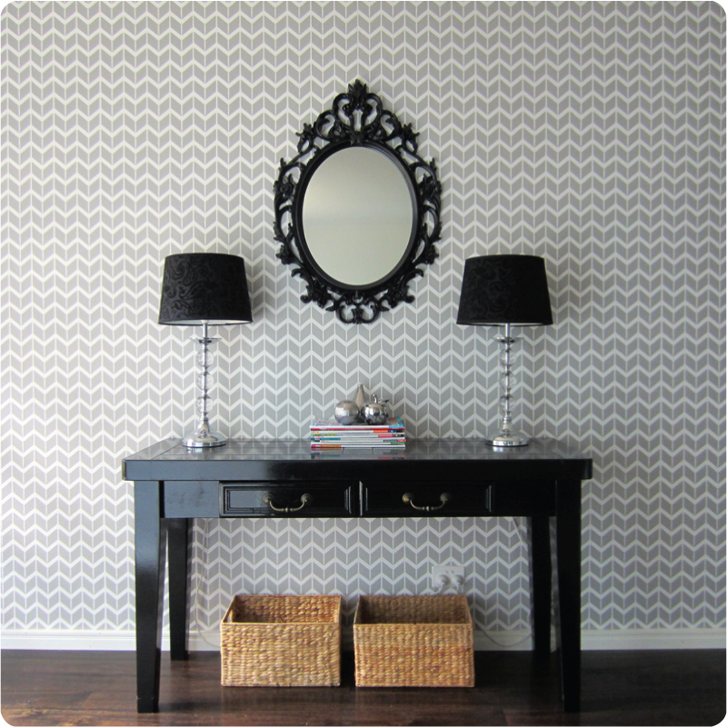 Herringbone removable wallpaper Australia Curio and Curio behind the cabinet with 2 lamp shades on top