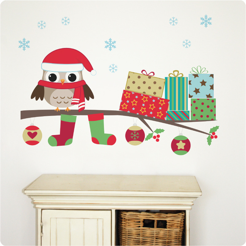 Christmas Owl removable wall stickers behind the cabinet