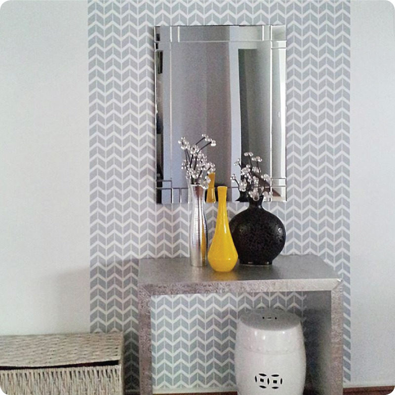 Herringbone removable wallpaper Australia Curio and Curio with flower vases in front