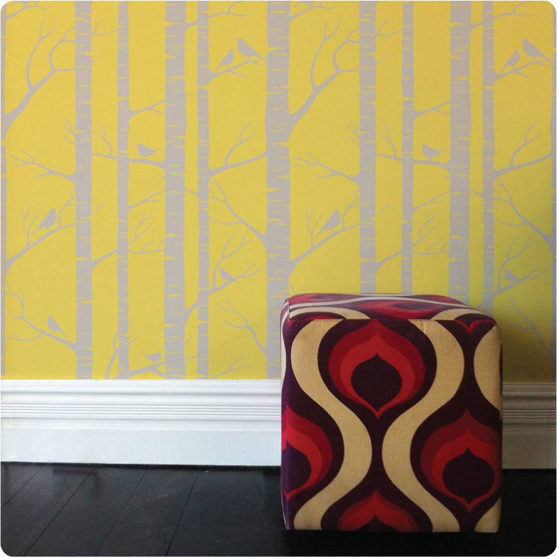 Birch removable wallpaper Australia by Ink and Spindle behind a chair