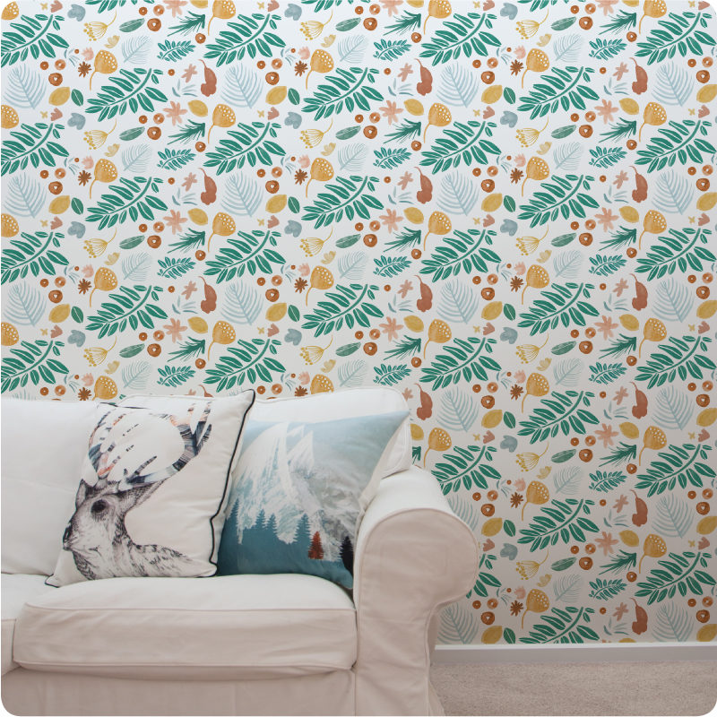 Leafy Days removable wallpaper Australia behind a sofa