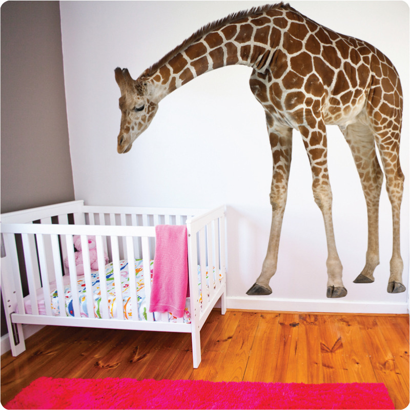 Real-life removable Bending Giraffe wall sticker, place so the giraffe is bent to watch over a sleeping baby in a crib.