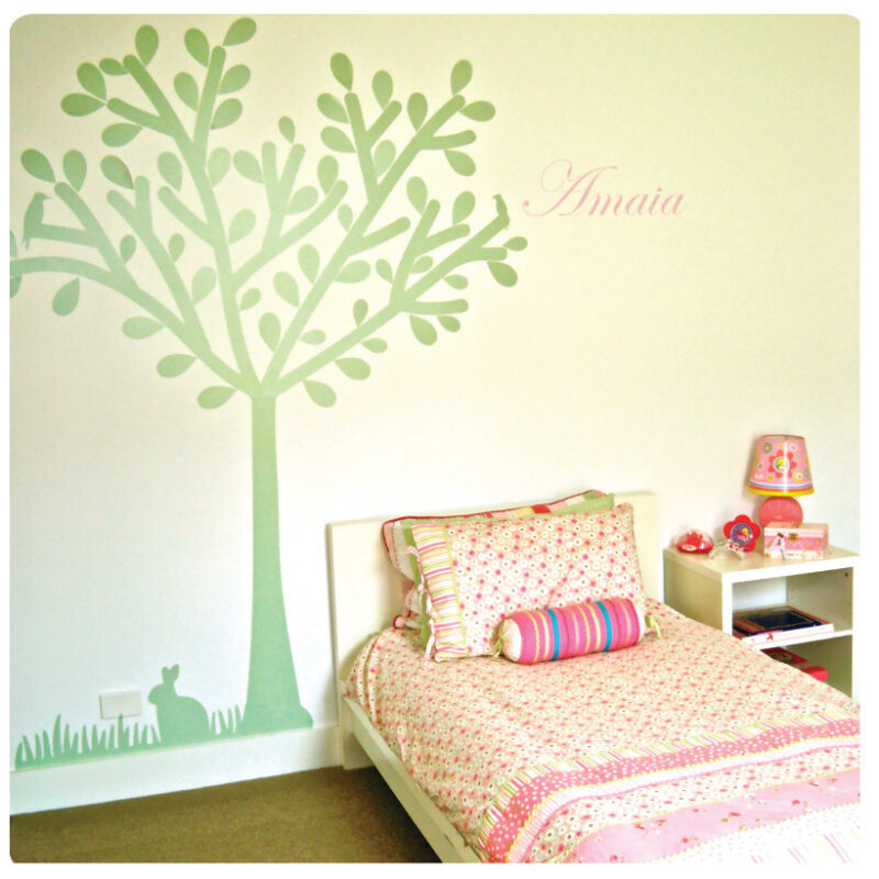 Tree silhouette removable wall sticker with Amaia name beside
