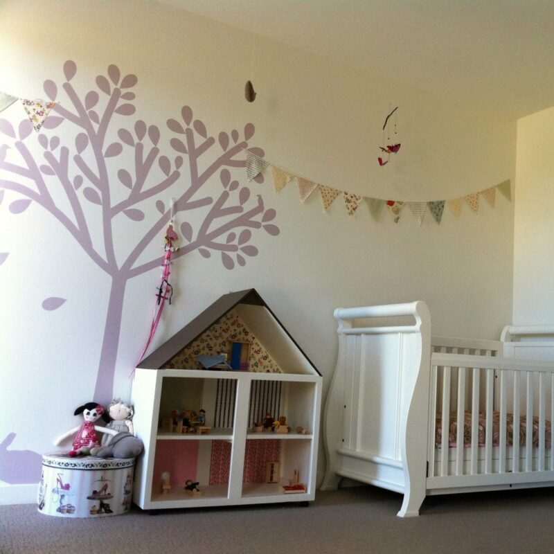 Tree silhouette removable wall sticker with doll house in front