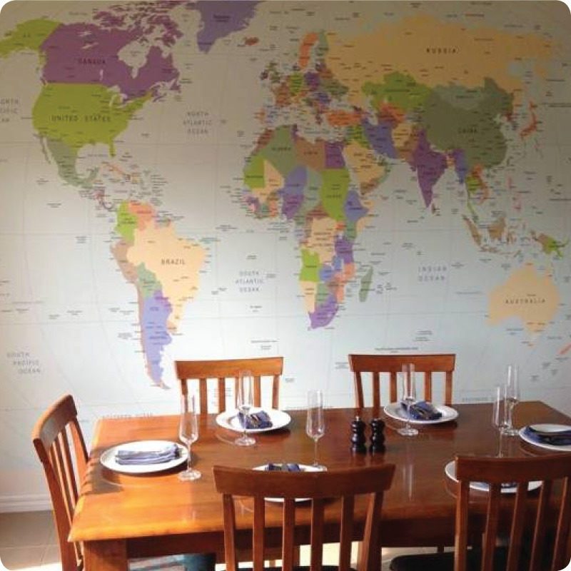 A Dining room with World Map removable Wall Mural Australia displayed on the wall