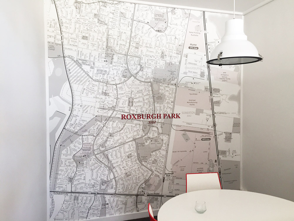 Wallpaper section from Melways Map, of Roxburgh Park 3064, as seen in Barry Plant Real Estate. Printed in customer requested colour way of grays and soft reds.