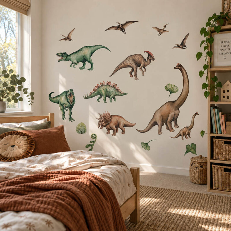 Dinosaur wall decals in a kids bedroom, featuring T-Rex, Triceratops, and Brachiosaurus on a feature wall.