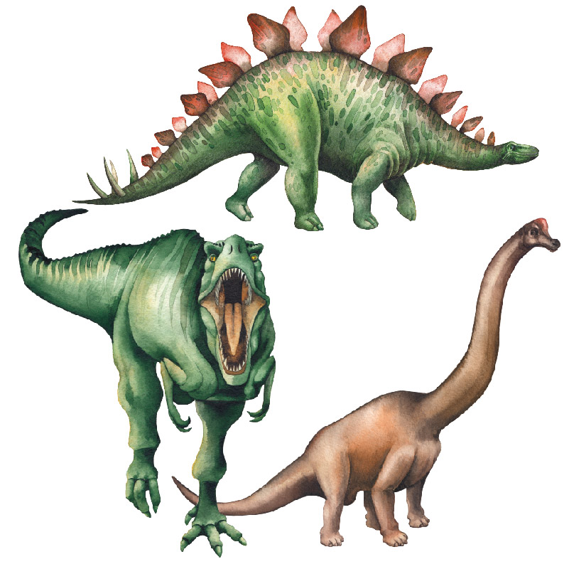 3 watercoloured dinosaurs