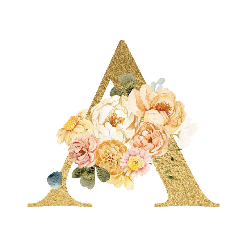 The Letter 'A' is written in capital letters in strong gold colour, in the open section of the "A" is a covered by a bouquet of soft pinks, yellows, creams and reds flowers.