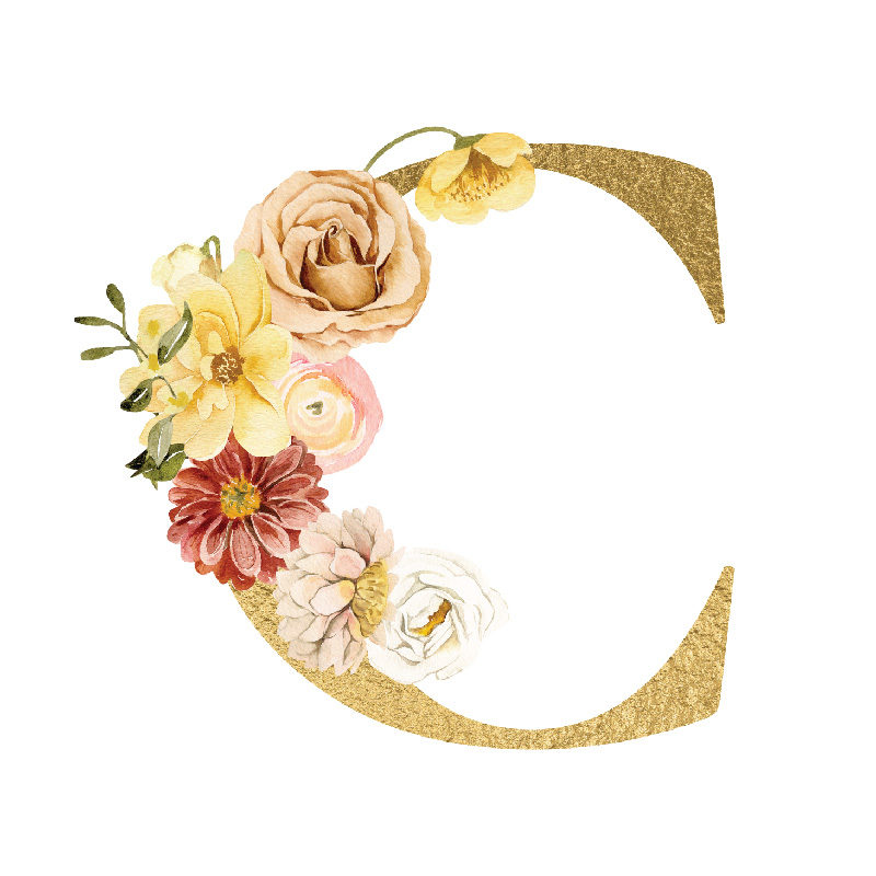 The Letter 'C' is written in capital letters in strong gold colour, the curve of the "C" is covered by a bouquet of soft pinks, yellows, creams, red flowers and leaves.