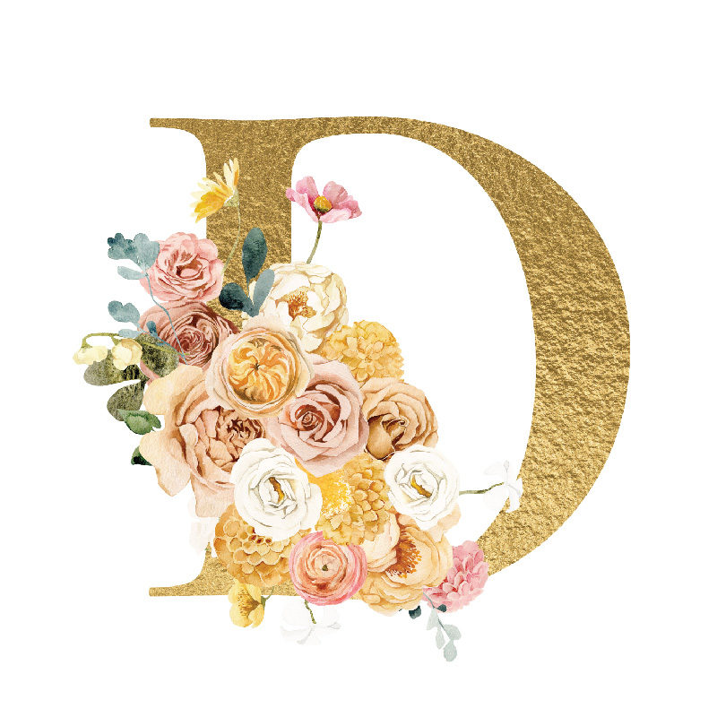 The Letter 'D' is written in capital letters in strong gold colour, the bottom left corner of the "D" is covered by a bouquet of soft pinks, yellows, creams, red flowers and leaves.
