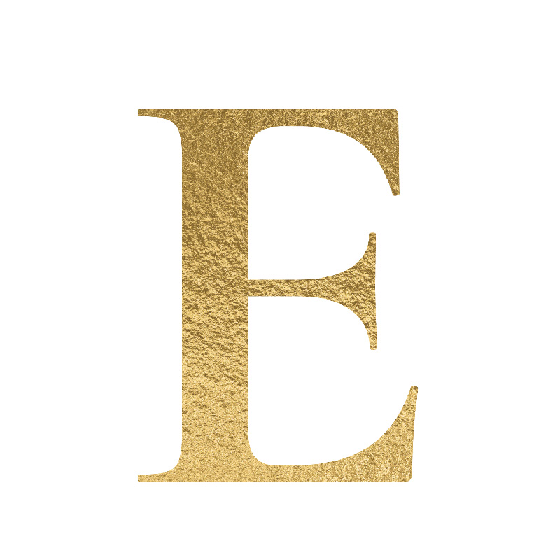 The Letter 'E' is written in capital letters in strong gold colour.