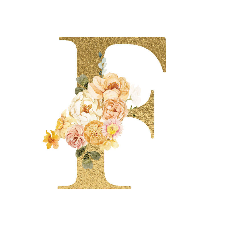 The Letter 'F' is written in capital letters in strong gold colour, the middle left of the "F" is covered by a bouquet of soft pinks, yellows, creams, red flowers and leaves.