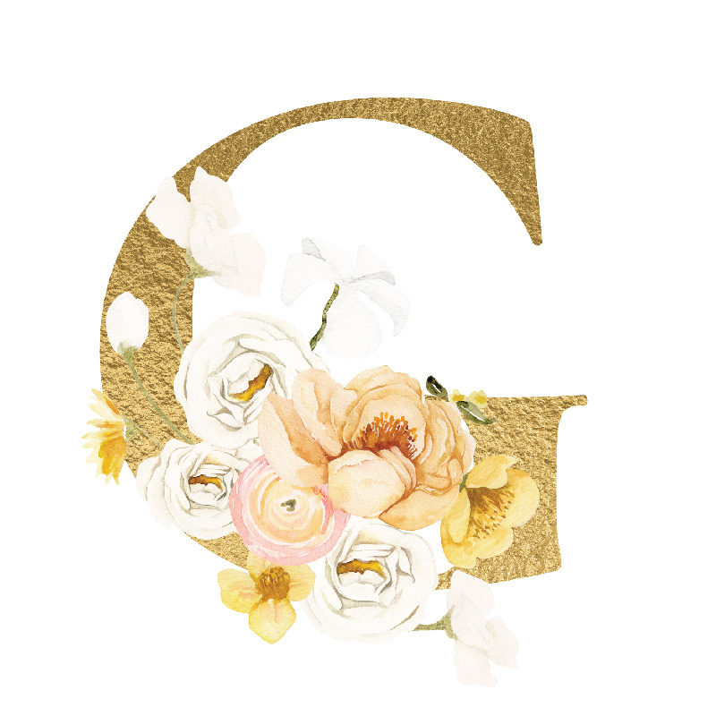 The Letter 'G' is written in capital letters in strong gold colour, the bottom of the "G" is covered by a bouquet of soft pinks, yellows, creams, red flowers and leaves.