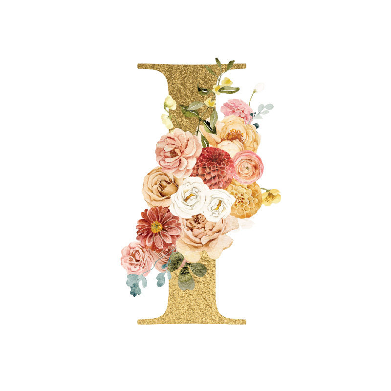 The Letter 'I' is written in capital letters in strong gold colour, the middle of the "I" is a bouquet of soft pinks, yellows, creams, red flowers and leaves.