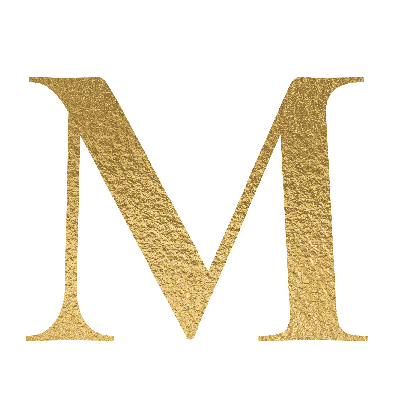 The Letter 'M' is written in capital letters in strong gold colour.
