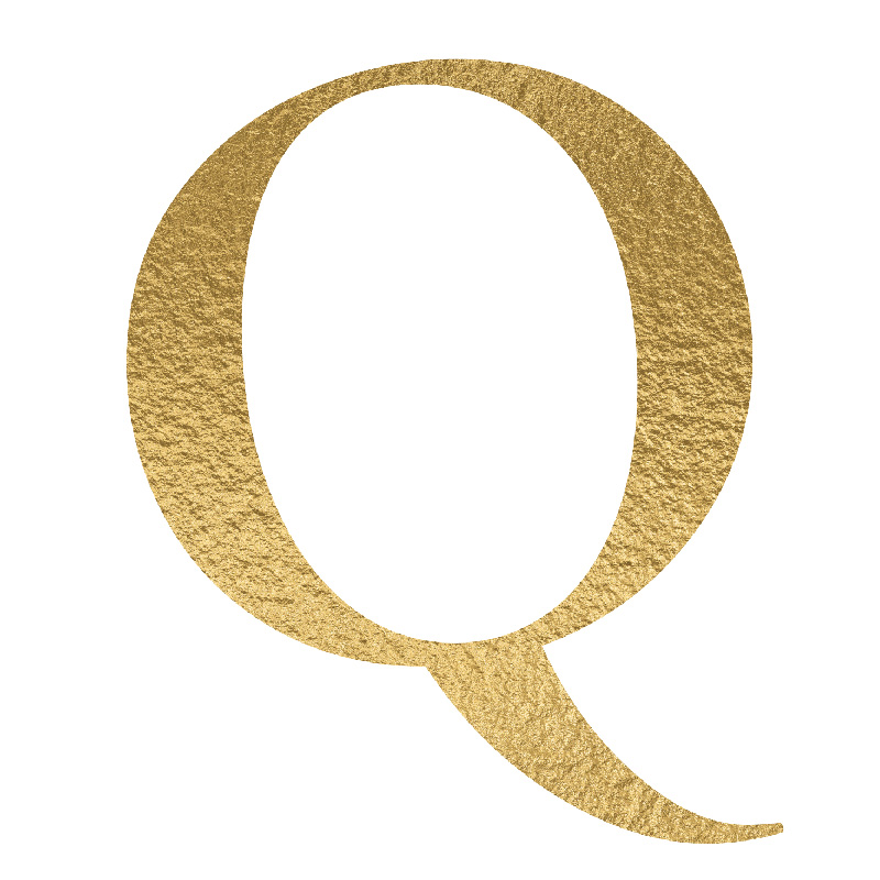 The Letter 'Q' is written in capital letters in strong gold colour.