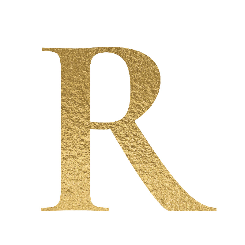 The Letter 'R' is written in capital letters in strong gold colour.