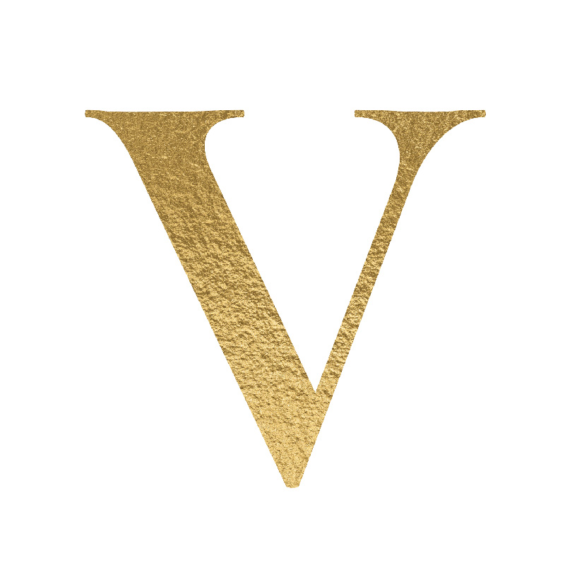 The Letter 'V' is written in capital letters in strong gold colour.