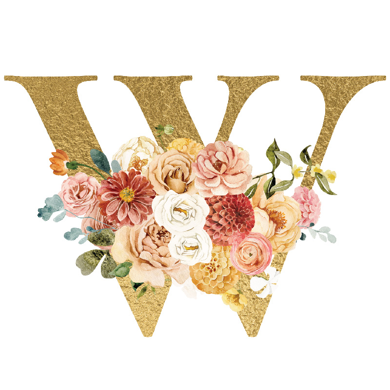 The Letter 'W' is written in capital letters in strong gold colour, the bottom curves of the "W" are covered by a bouquet of soft pinks, yellows, creams, red flowers and leaves.
