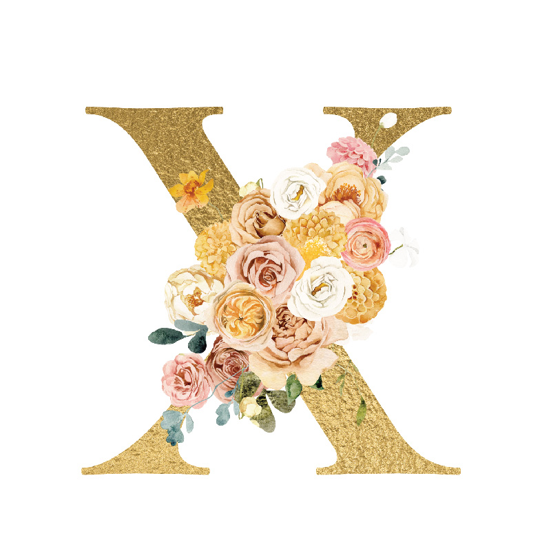 The Letter 'X' is written in capital letters in strong gold colour, in the middle of the "X" is a covered by a bouquet of soft pinks, yellows, creams and reds flowers.