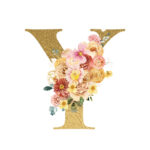 The Letter ‘Y’ is written in capital letters in strong gold colour, in the middle of the “Y” is a covered by a bouquet of soft pinks, yellows, creams and reds flowers.