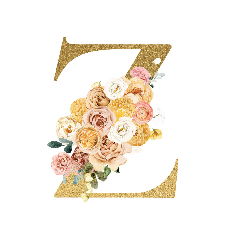 The Letter 'Z' is written in capital letters in strong gold colour, in the middle of the "Z" is a covered by a bouquet of soft pinks, yellows, creams and reds flowers.