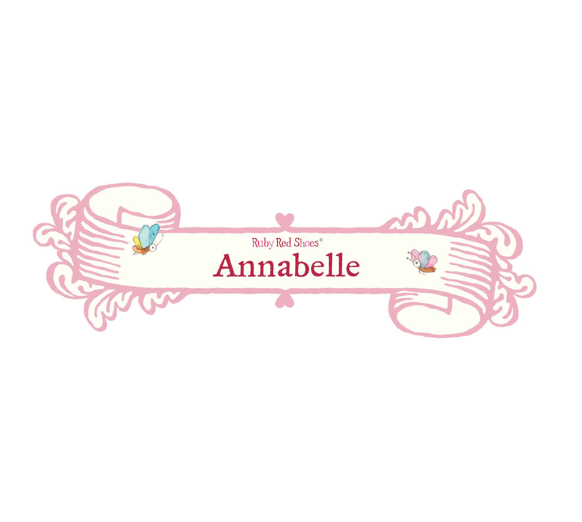 Customisable Ruby Red Shoes Name Banner in Pink with two butterflies, and the example name of "Annabelle" in a Dark Raspberry.