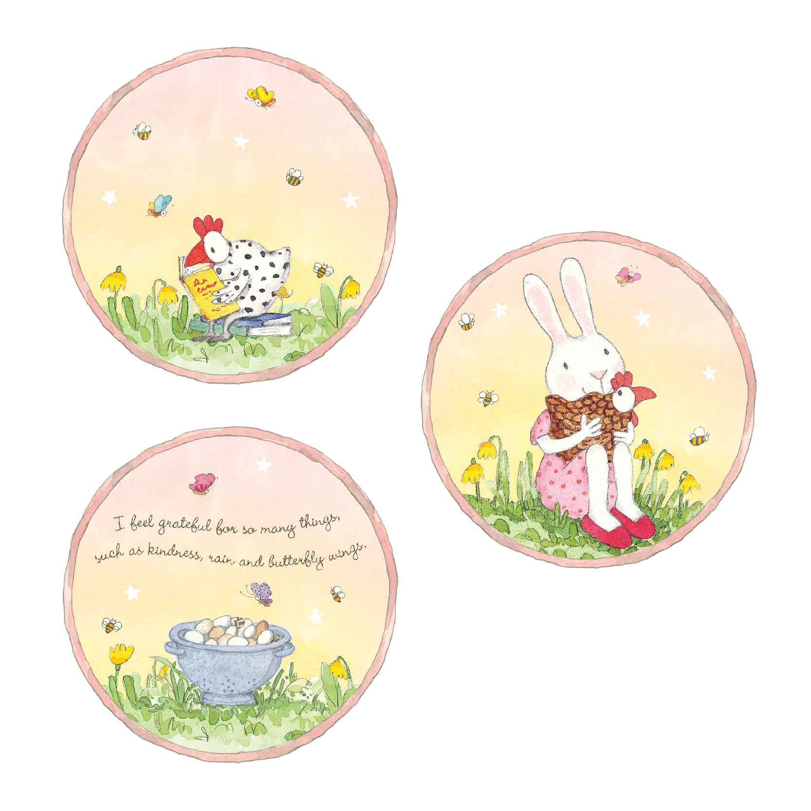 Ruby Red Shoes Large Garden Trio Wall Stickers; Three large round wall stickers. Each with a sunset scene on the grass with yellow flowers, bees and colourful butterflies. One sticker features Ruby, a white rabbit girl, in a pink dress with red dots, wearing her bright red shoes, holding a brown chicken who is looking up at her with its large round eye. Around her flutter 3 bright bees and a butterfly. One sticker features the white chicken with black spots sitting upon two blue coloured books and reading a yellow book with red writing on the cover. Around them is 3 bees and 2 butterflies. In the last sticker is a large metal colander filled with whole eggs in both white and shades of brown. There are two bees and two butterflies in this image, as well as the text. "I feel grateful for so many things, such as kindness, rain and butterfly wings.'