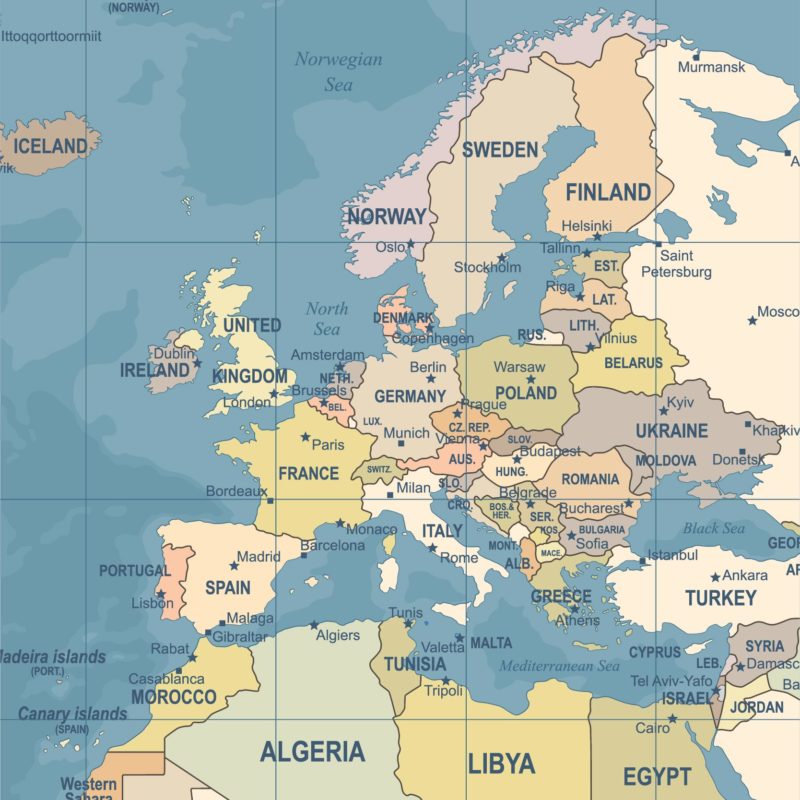 World Map with Countries Europe Close up