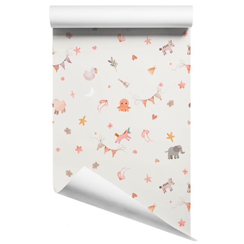 Animal Party wallpaper seen in pinks & apricots