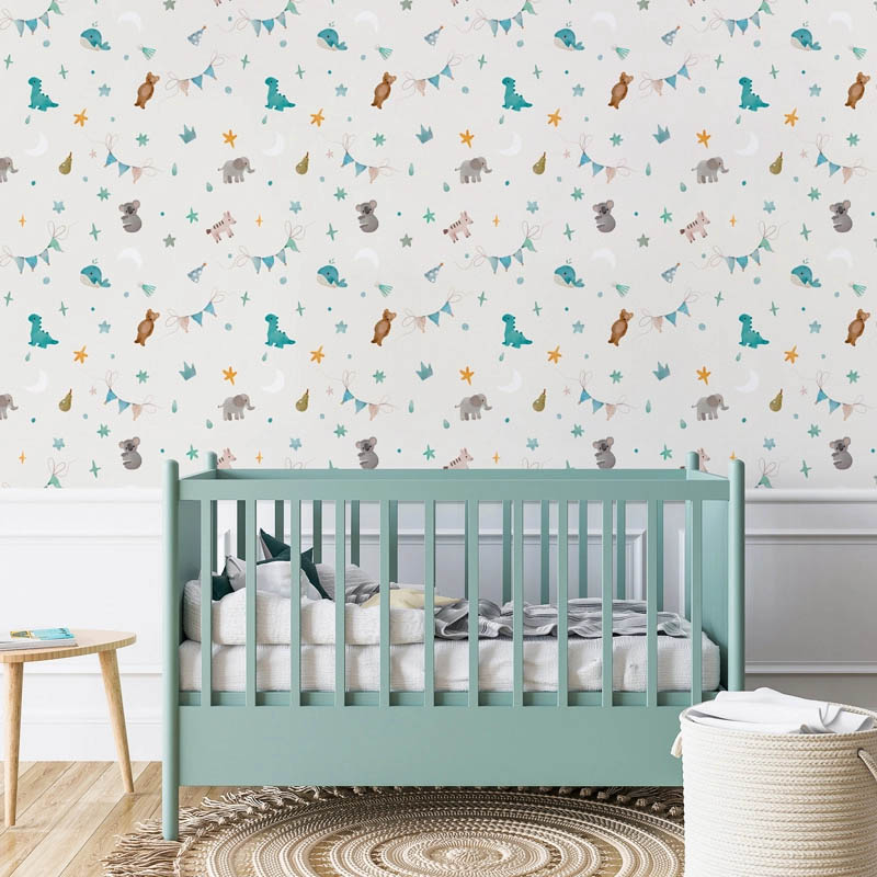 Animal Party wallpaper seen in blues and greens