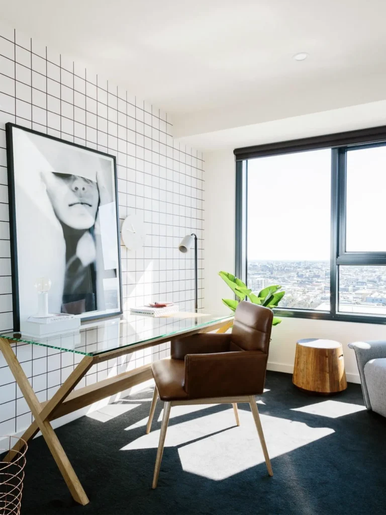 Little Projects Custom Coloured Wallpaper Custom coloured grid wallpaper in a modern Central South Yarra apartment study, designed for Little Projects to showcase timeless interior design.