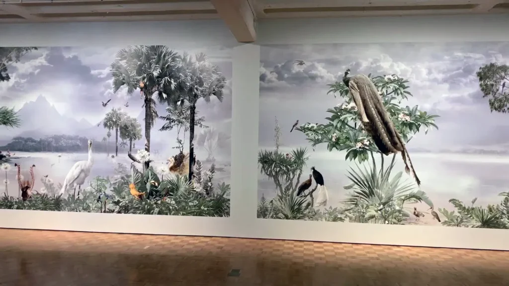 NGV Valerie Sparks custom murals Valerie Sparks’ original artwork transformed into large-scale custom wall murals for her exhibition at the National Gallery of Victoria, featuring detailed landscapes and bird imagery.