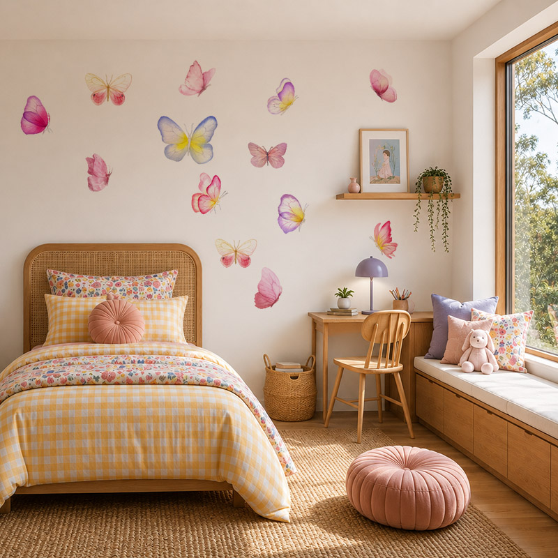 Butterfly wall decals on a wall in an Australian child's bedroom