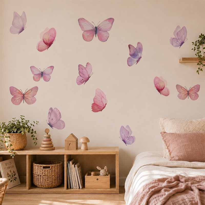 Butterfly wall decals on a wall in a softly toned